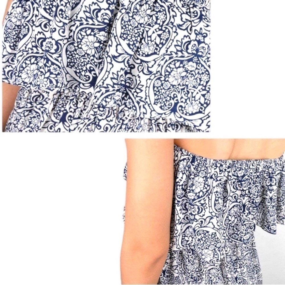 🆕 YIDARTON Strapless Maxi Dress Blue White Floral Ruffle Top Floral Size L - Picture 5 of 10
